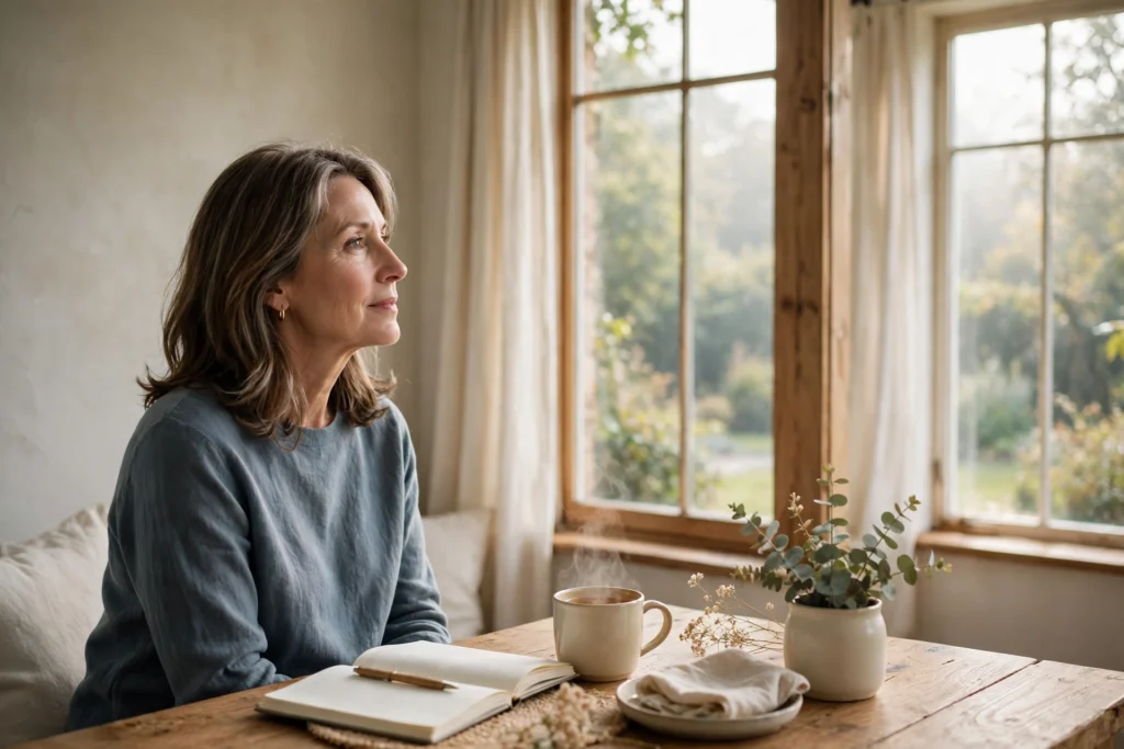 Woman with tea and notebook by a window