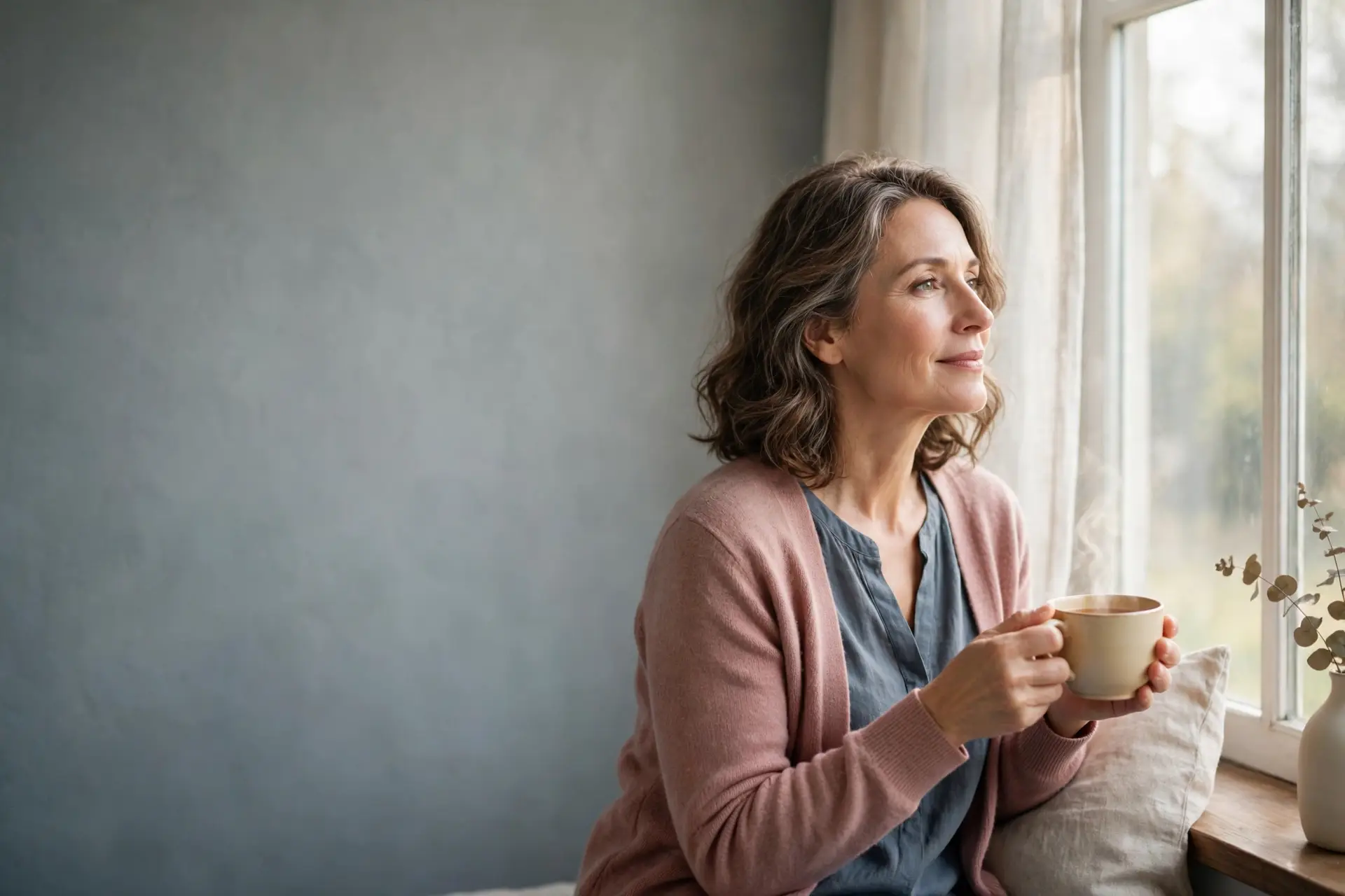 Woman in her fifties sitting peacefully by a window with a cup of tea