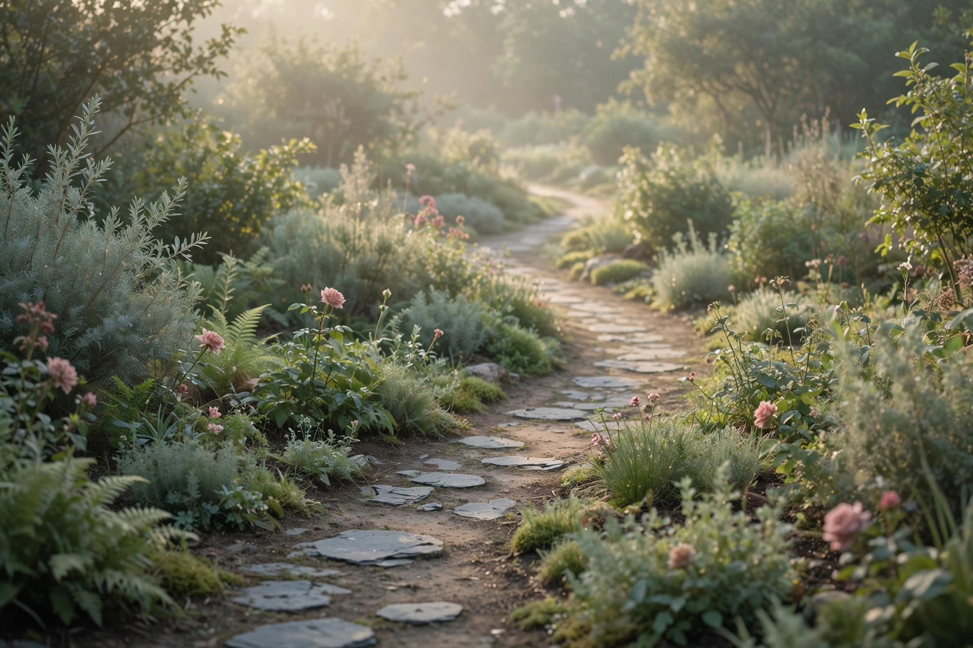 A quiet garden path in soft morning light, symbolising a new beginning