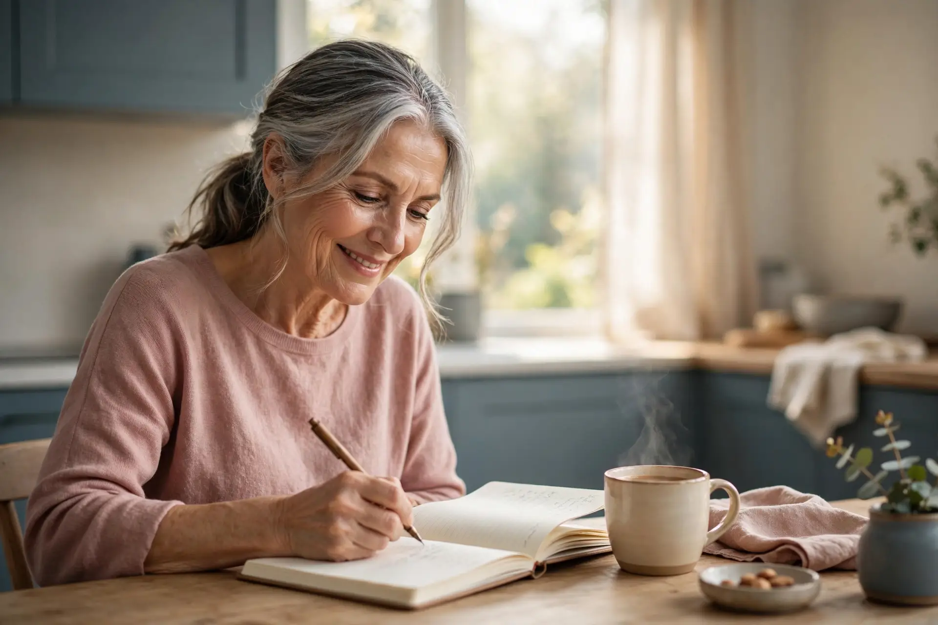 Woman in her sixties writing in a journal at a bright table, planning her retirement