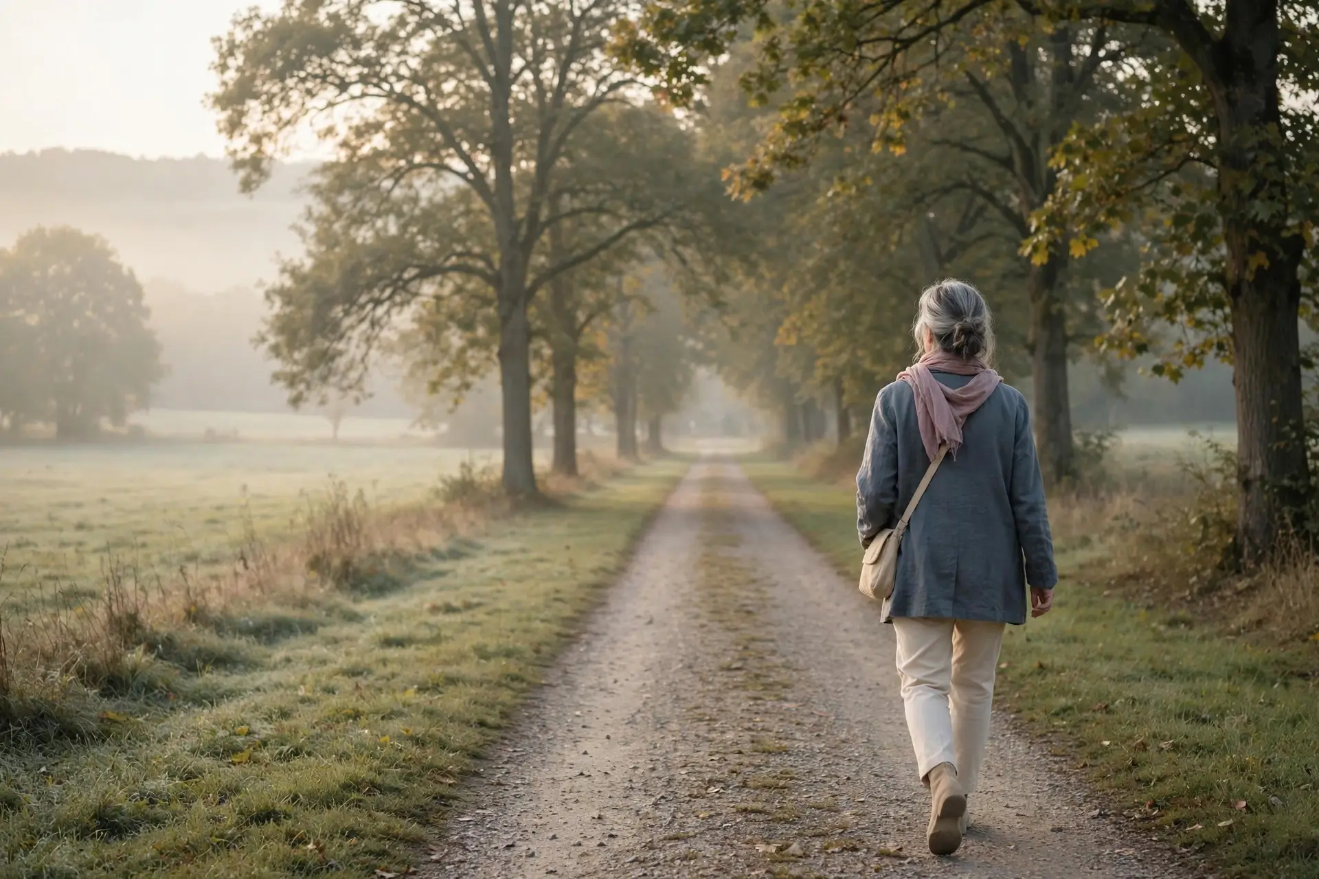 Woman walking along a tree-lined path in soft morning light