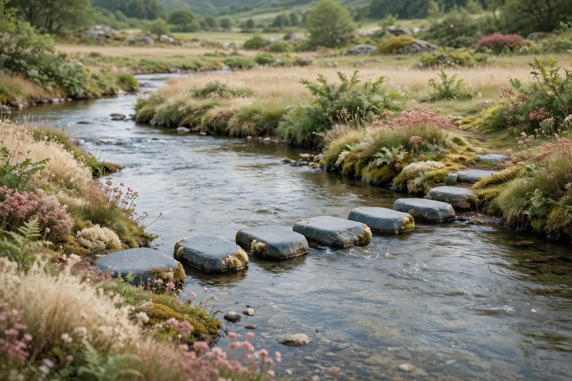 Stepping stones crossing a gentle stream, one step at a time